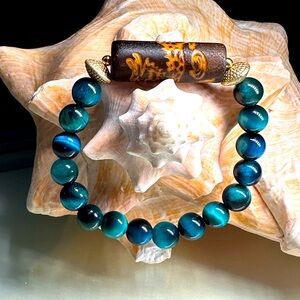 AQUA BLUE TIGERS EYE + AGATE DRAGON NATURAL BRACELET SIZE 7.5”